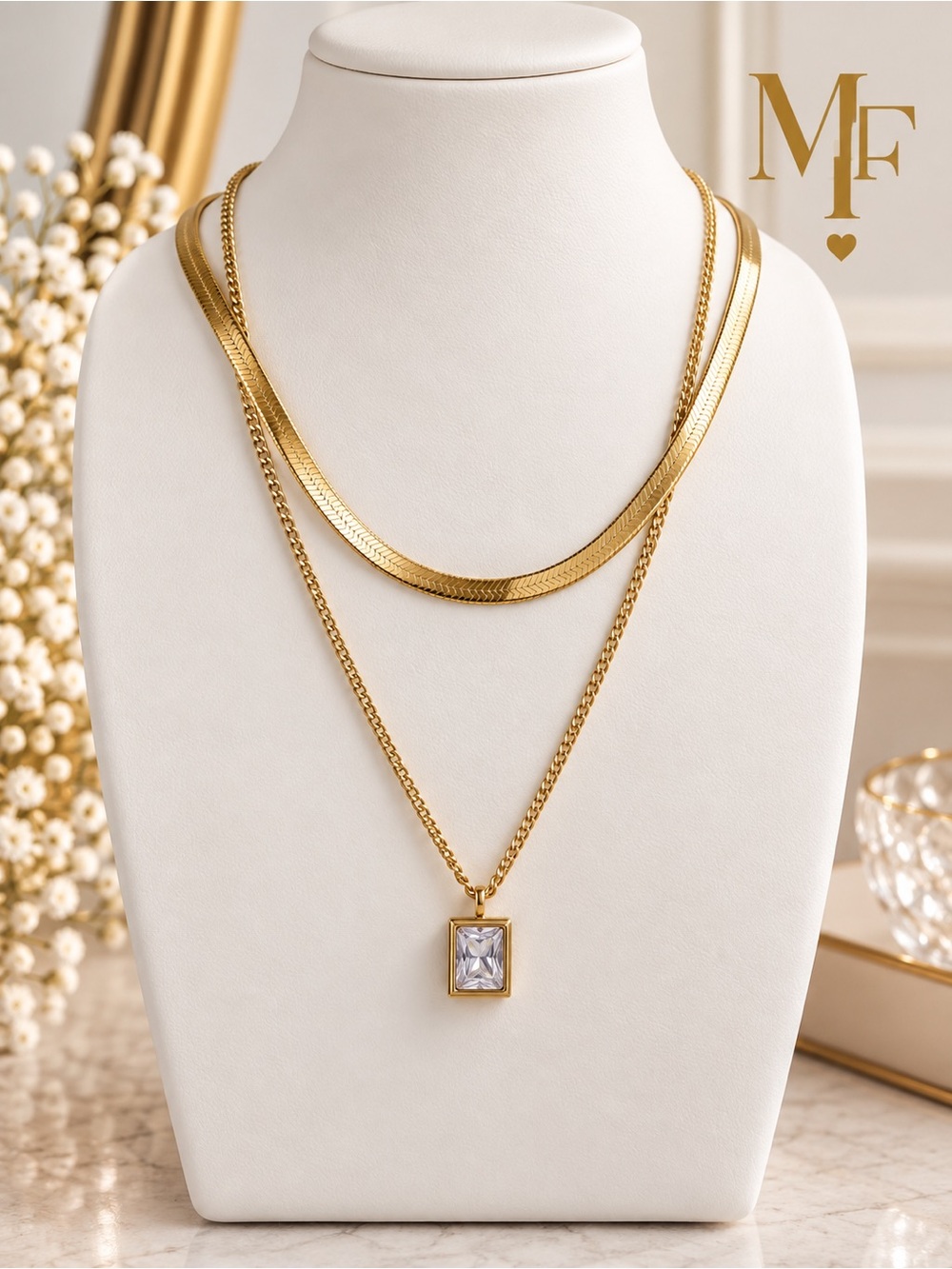Gold Layered Pendant Necklace with Clear Stone